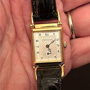 Hamilton 18 K Gold plated Rectangular Watch with Black Leather Strap